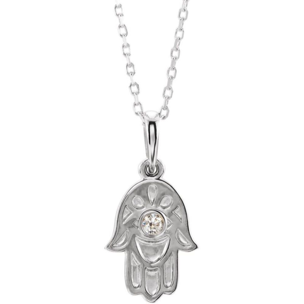 14k White Gold .03 CT Diamond Small Hamsa Necklace, 16-18 Inch